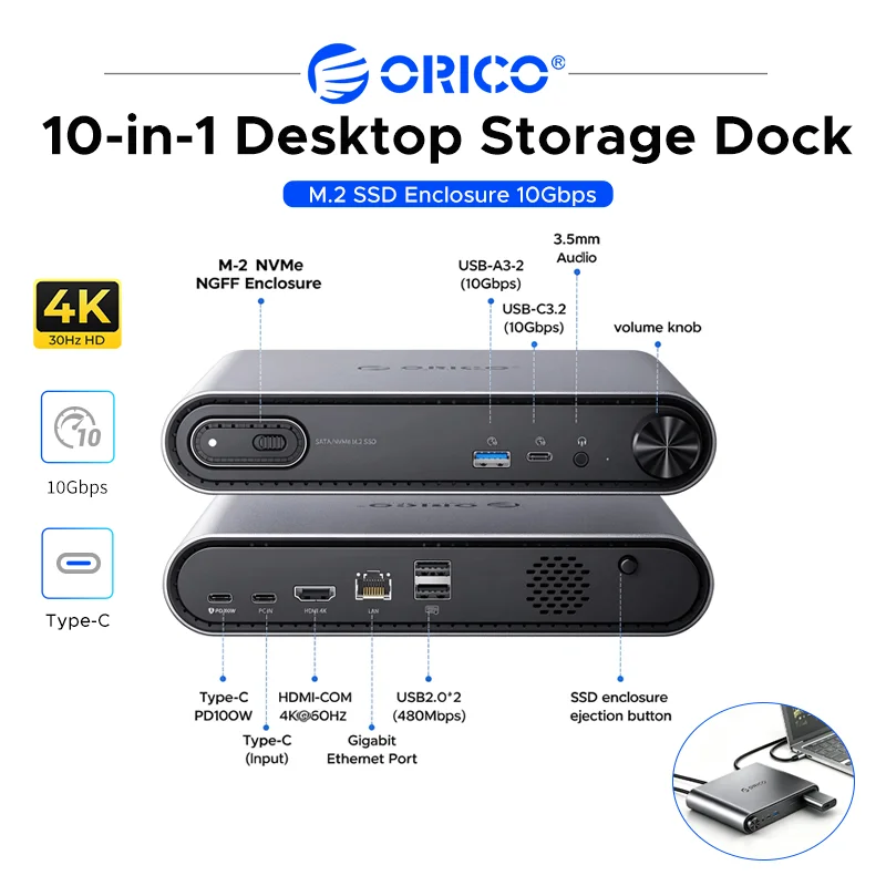 ORICO 10-in-1 USB C Docking Station M.2 SSD Enclosure 10Gbps HDMI 4K PD100W Gigabit Ethernet Hub