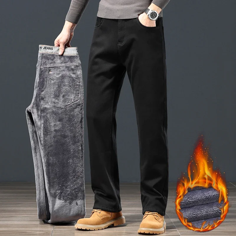 

Winter Men's Fleece Warm Jeans Classic Black Plush Loose Straight Business Casual Pants Thermal Male Clothing 40 42 44