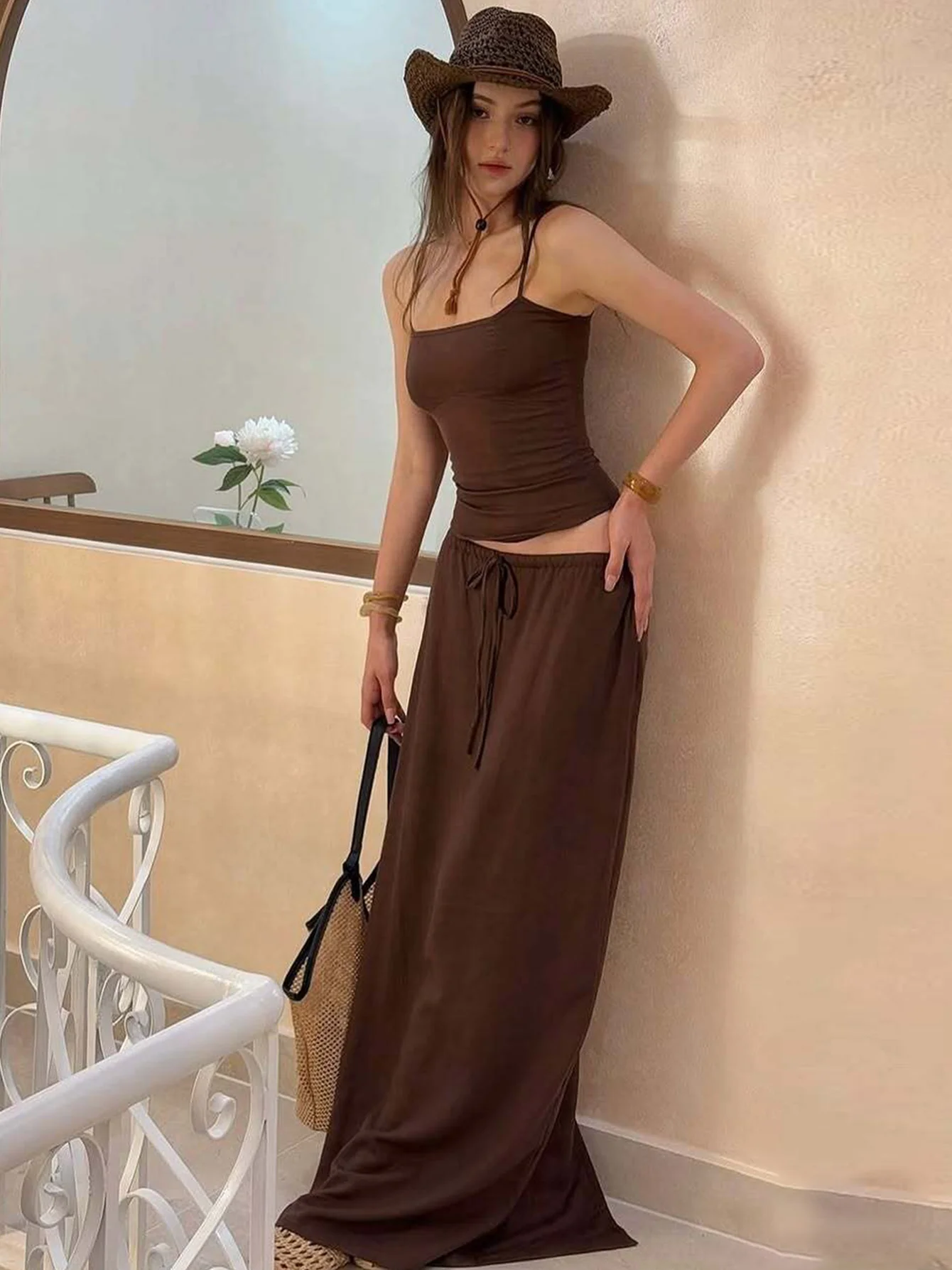 Hugcitar Fashion 2 Pcs Sets Solid Slips Backless Sexy Crop Camis Top Drawstring Maxi Skirt Summer Women Outfits Beach Vacation