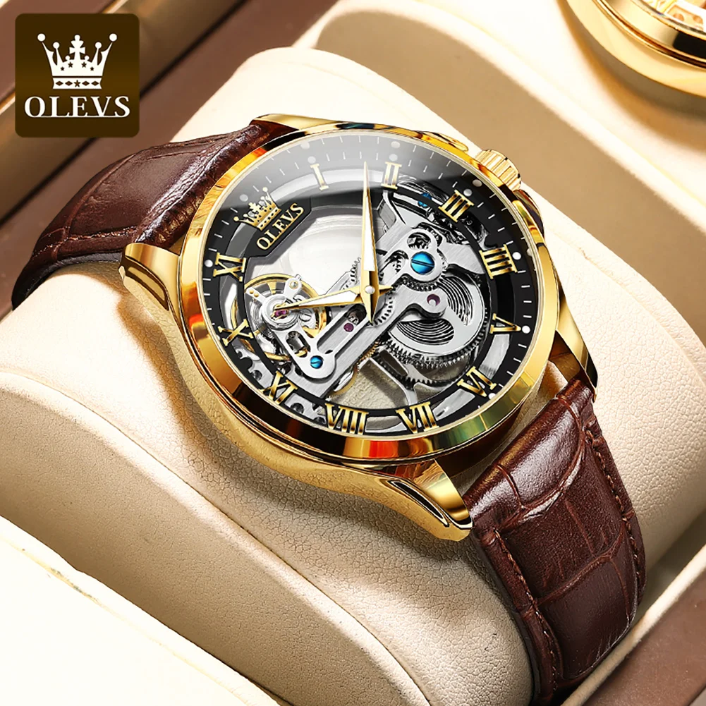 OLEVS 6661 Automatic Mechanical Men's Watch Leather Strap Full Transparant Hollow Flywheel Luxury Brand Original Man Wristwatch