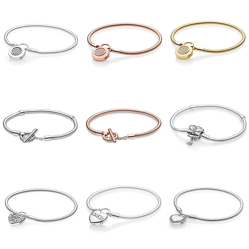 

925 Sterling Silver Bracelet Butterfly Clasp Moments Heart T-Bar Pavé Snake Chain Basic Bracelet For Women Diy Jewelry Gift
