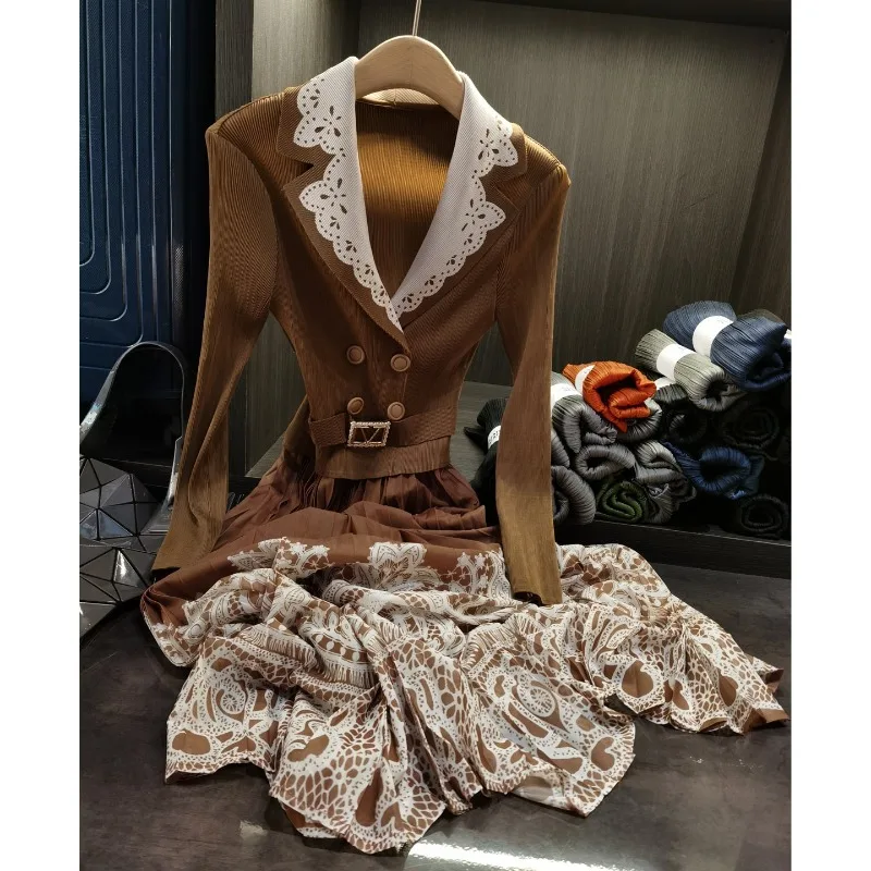 

Miyake плиссированное платье, костюм со складками и принтом, ложное платье из 2 предметов, осень 2023, новая элегантная талия, тонкая плиссированная юбка