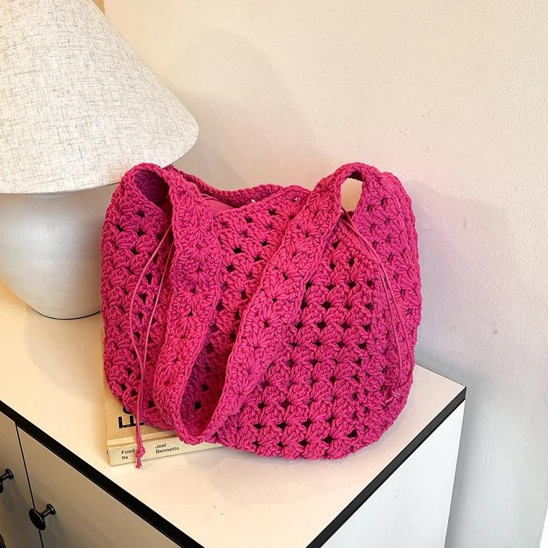 2025 Spring New Hand-woven Large Capacity Hollowed Out Shoulder Bag Korean Style Brright Color Big Weave Crossbody Bag Female