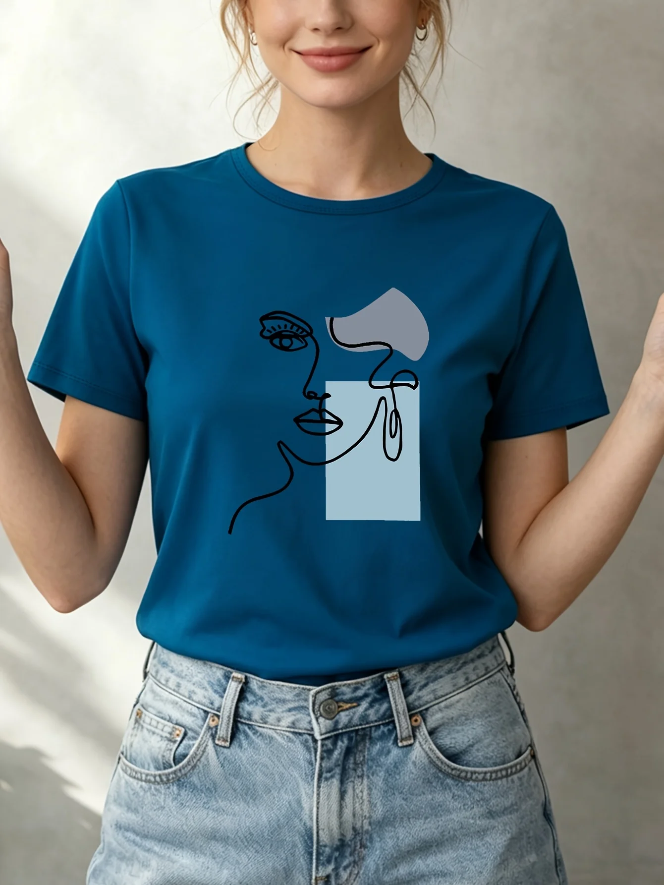 Minimalist Line Draft, Character Portrait, Printed Short Sleeved T-shirt, Unisex Commuting Loose Cotton Top