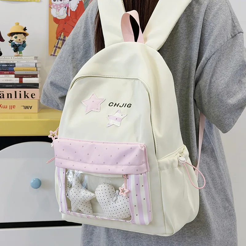 Kawaii Star Patch Ita Backpack Pastel Polka Dot Transparent Pocket Student School Bag Large Capacity Oxford Daypack Teen Girls