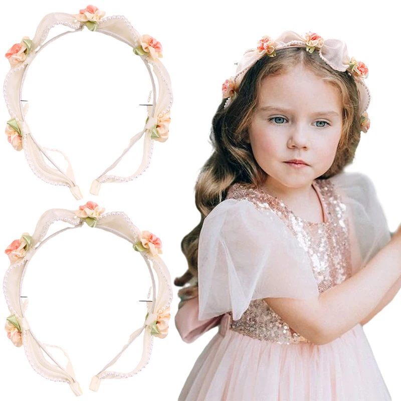 

ncmama Sweet Girls Bride Pearls Flower Hairbands Cute Bridesmaid Headband Korea Hair Hoop Kids Headwear Wedding Hair Accessories