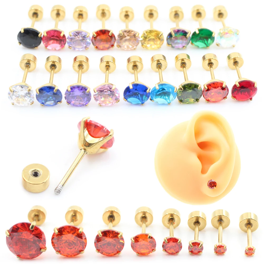 2 Piezas de Aretes de Acero Inoxidable Color Dorado Unisex para Hombre y Mujer, Aretes Redondos con Circonita Cúbica, Joyería para Piercing de Hélix, Tragus y Cartílago