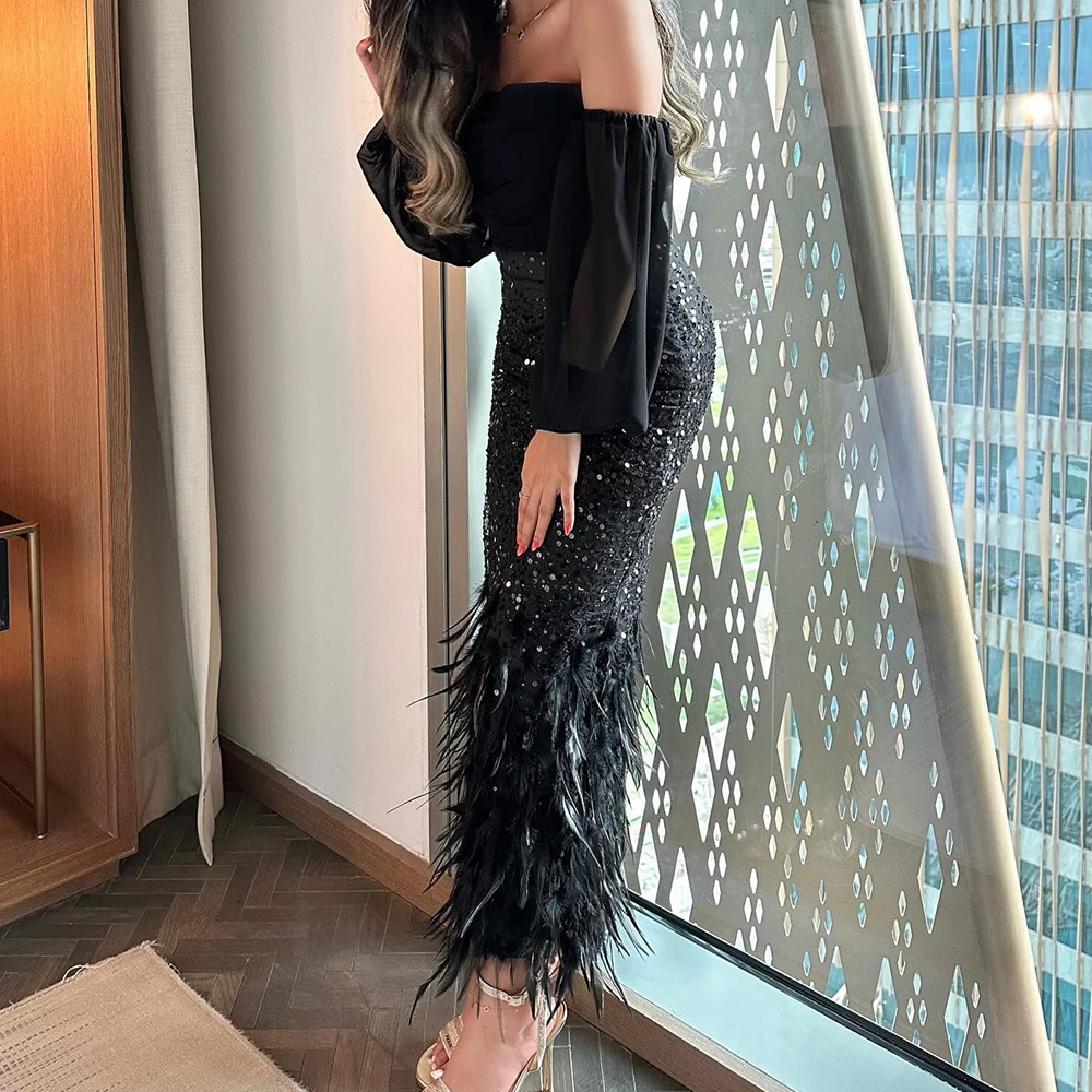 Customized Exquisite Sequined Feathers Strapless Ankle Length Straight Evening Dress Modern Chiffon Detachable Sleeve Gowns