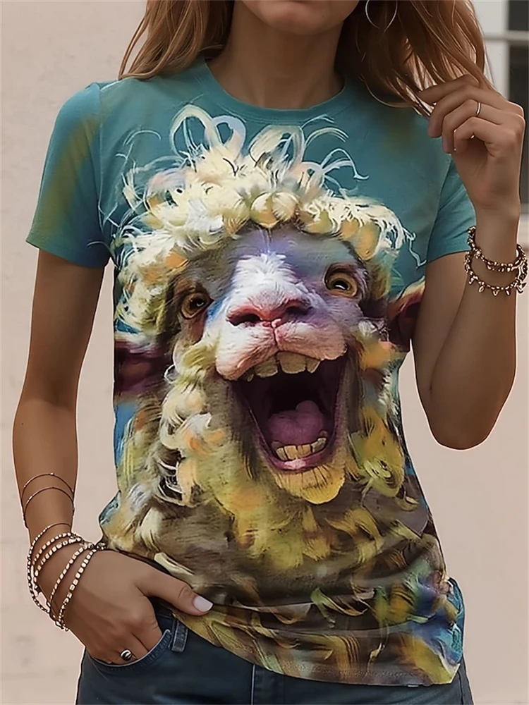 New Women's Fashionable Short-Sleeve T-Shirt with Fun and Humorous Lamb Print Relaxed Fit Comfortable Short-Sleeve Top