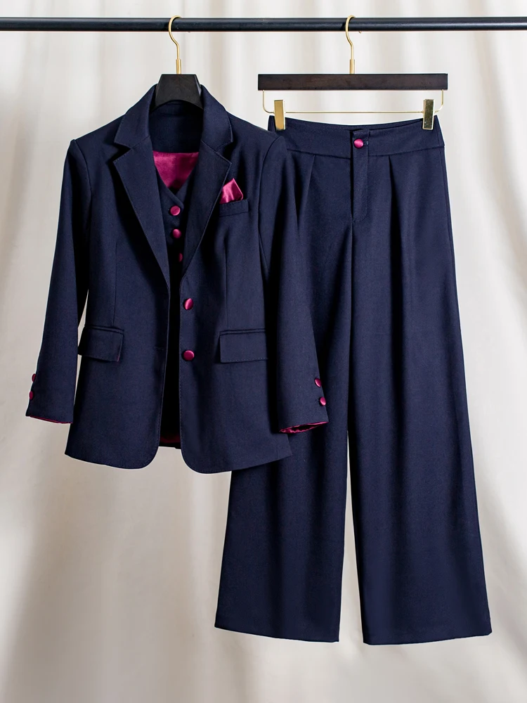 

Комплект из трех предметов: синий жилет свободного кроя и брюки с широкими штанинами для женщин, осенне-зимний, повседневный, удобный, шерстяной, модный комплект