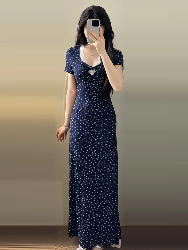 

Elegant Lace Splice Floral Short Sleeve Long Dress Women Summer New Style Vacation Atmosphere Dress A-Line Silhouette V-Neck ...