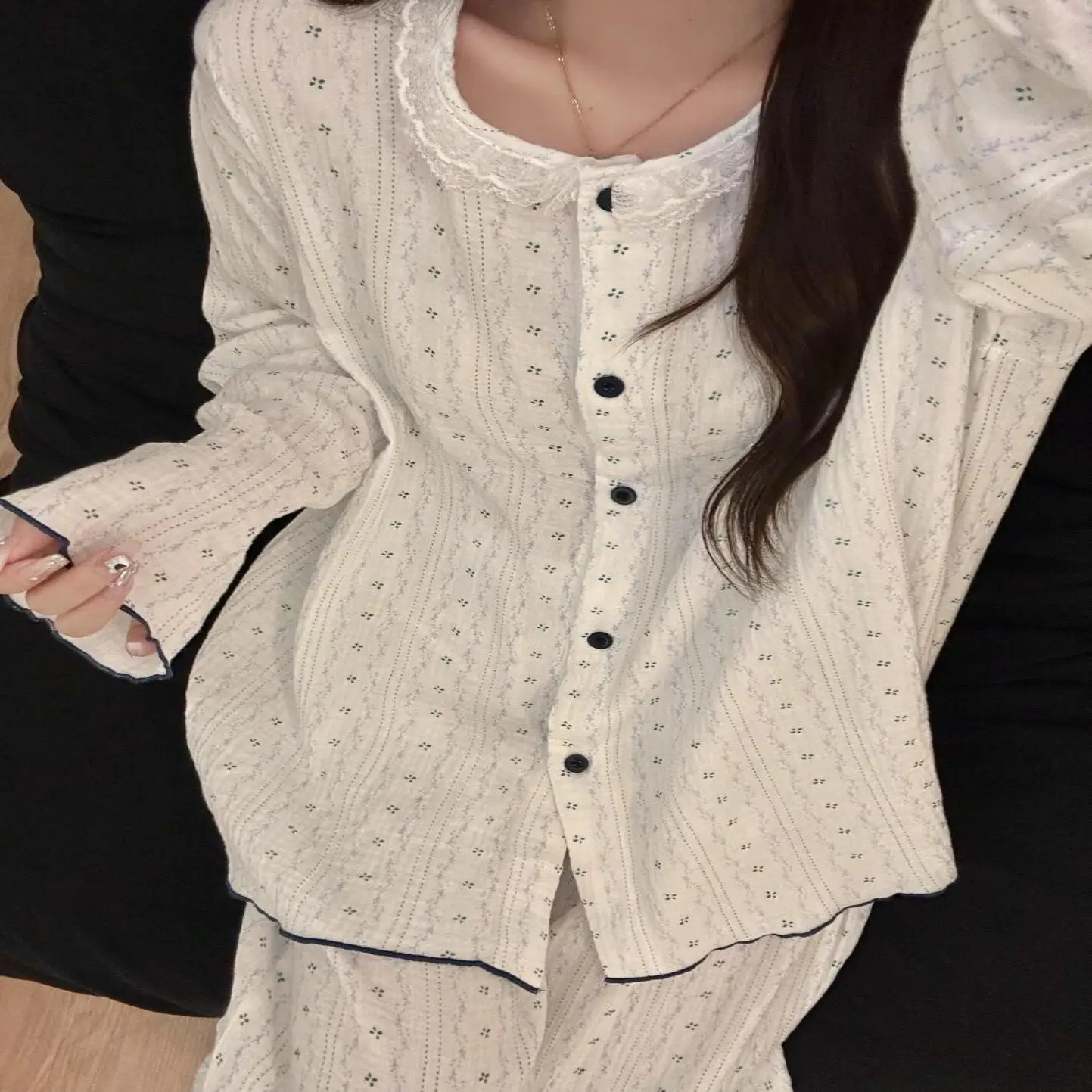 Princess Style Long Sleeve Floral Print Sleepwear for Girls Sweet Lace Trim Home Clothes Spring Autumn Youth Women's Set