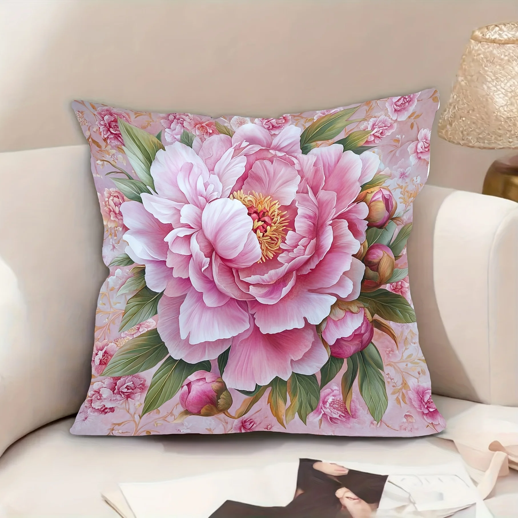 Elegant Pink Peony Floral Throw Pillow Cover, Soft Watercolor Style Peony Print Decorative Cushion for Living Room Sofa Couch
