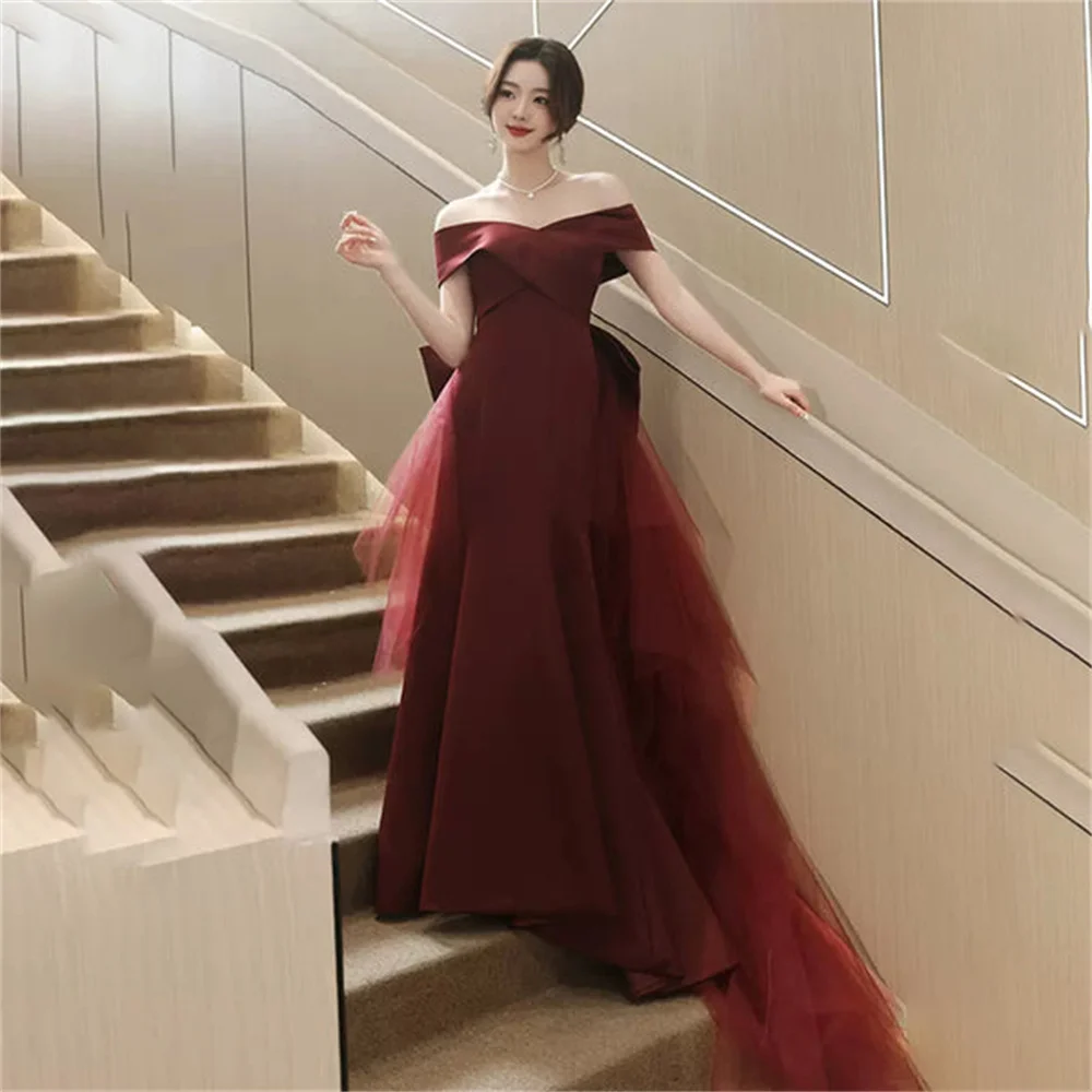 Lily Burgundy Stain Prom Dress Off the Shoulder Party Dress Mermaid Celebrity Gown Pleat Bow Wedding Party Dress вечерние платья