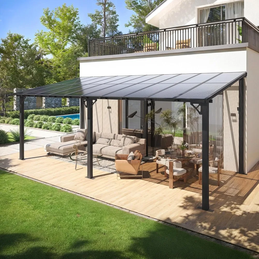 

10x20FT Lean to Gazebo, Hardtop Metal Pergola with Polycarbonate Roof, Large Wall Mounted Heavy Duty Awnings, Patio Canopy