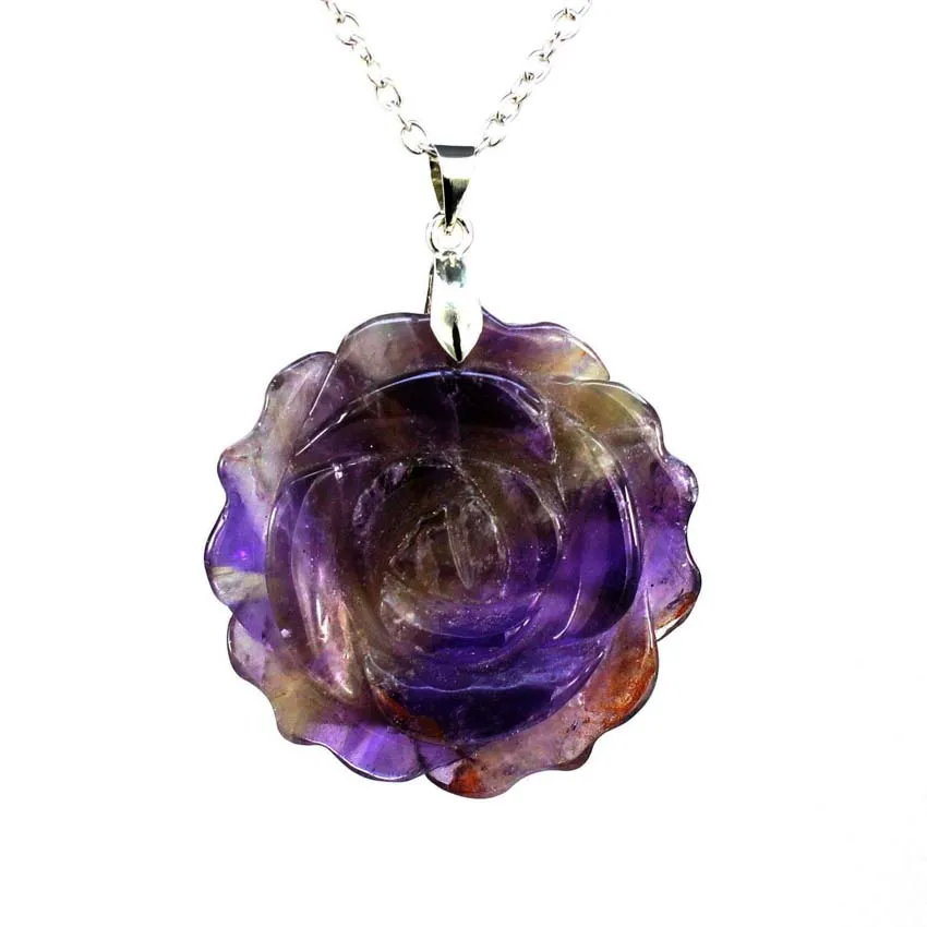 35mm Natural Crystal Carved Rose Flower Stone Pendant Amethyst Quartz Agate Lapis Lazuli Jewelry Charm Chain Necklace For Women