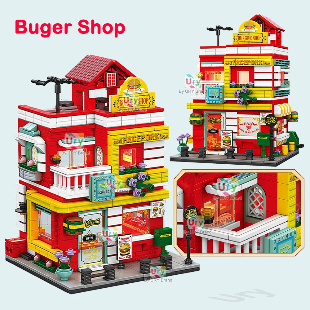 City Street View Modulair winkelcentrum Supermarkt Hotel Burger Coffee Shop Retro Flower House MOC Architectuur Bouwstenen voor kinderen