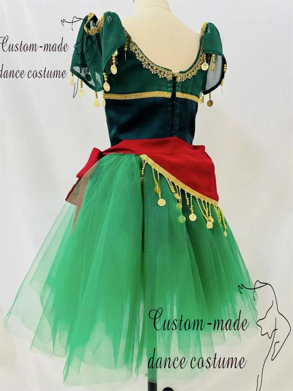 Jupe de ballet à variation pour femme Esmeralda, vert foncé, noir, rouge, broderie dorée, jupe longue en gaze moelleuse sertie de diamants