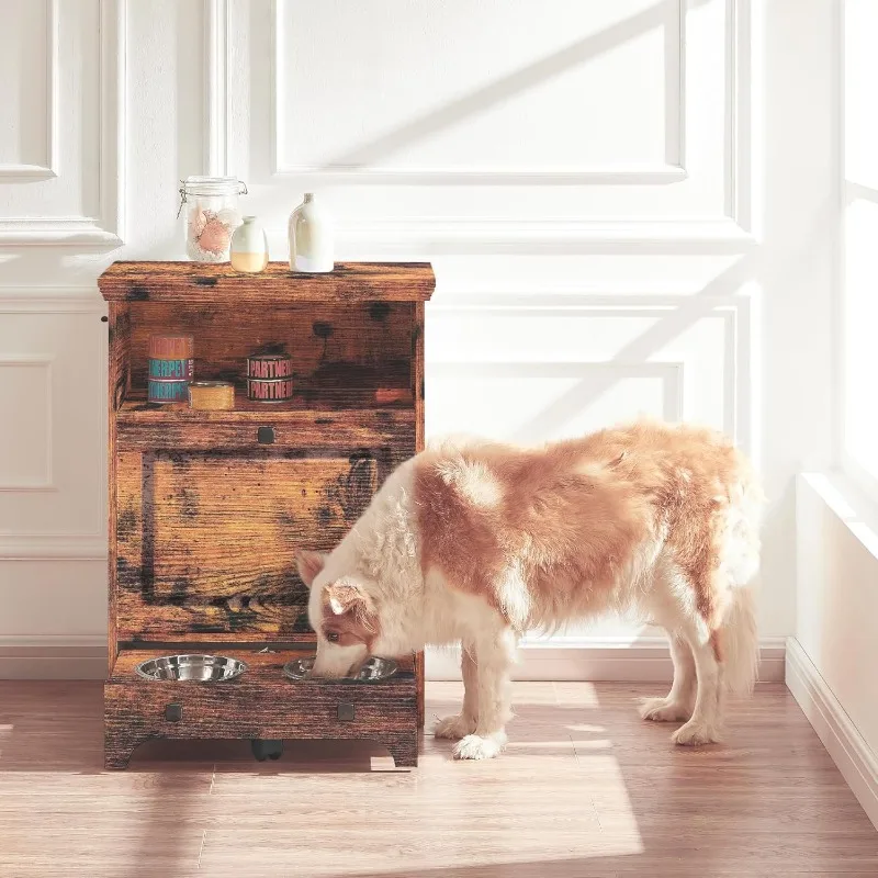 home.Dog Feeding Station Furniture with 2 Elevated Dog Bowls,Pet Toy Storage Organizer, Natural Wood Tone