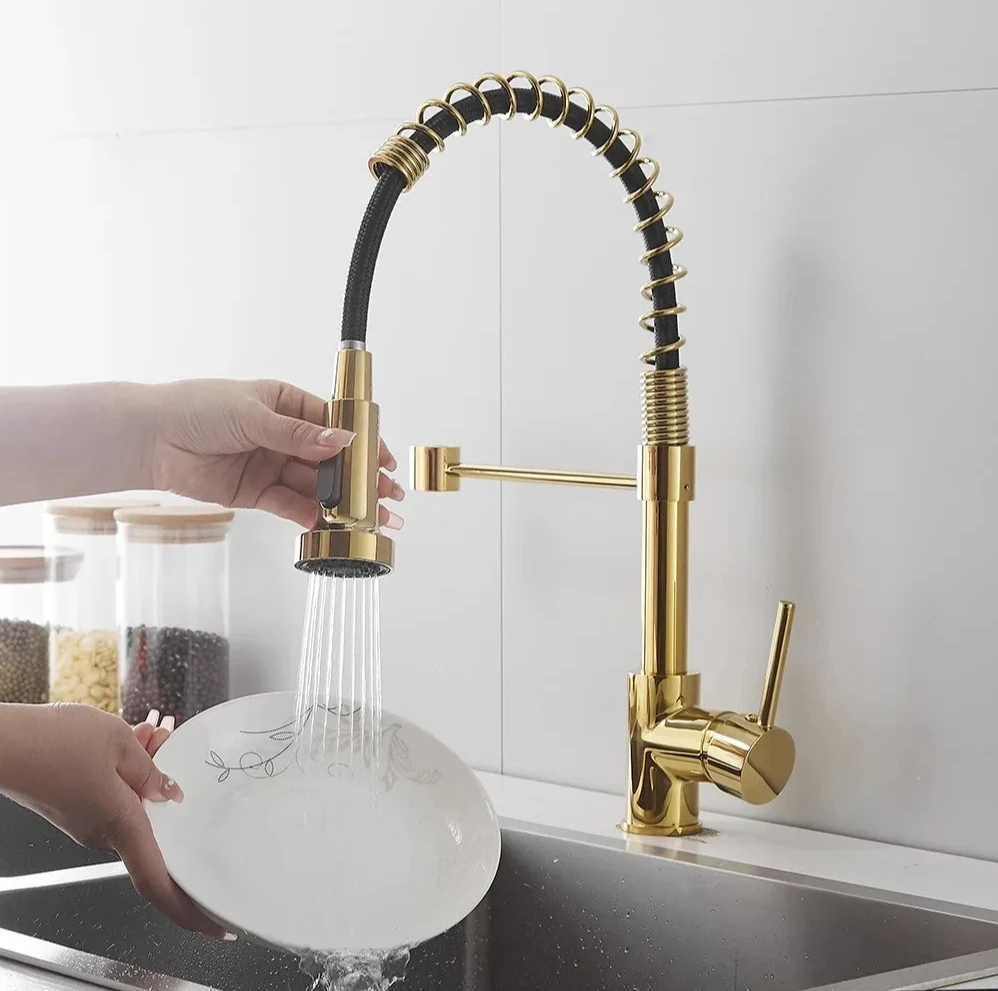 

Golden spring vegetable basin kitchen faucet hot and cold rotatable stretchable shower American sink dishwasher