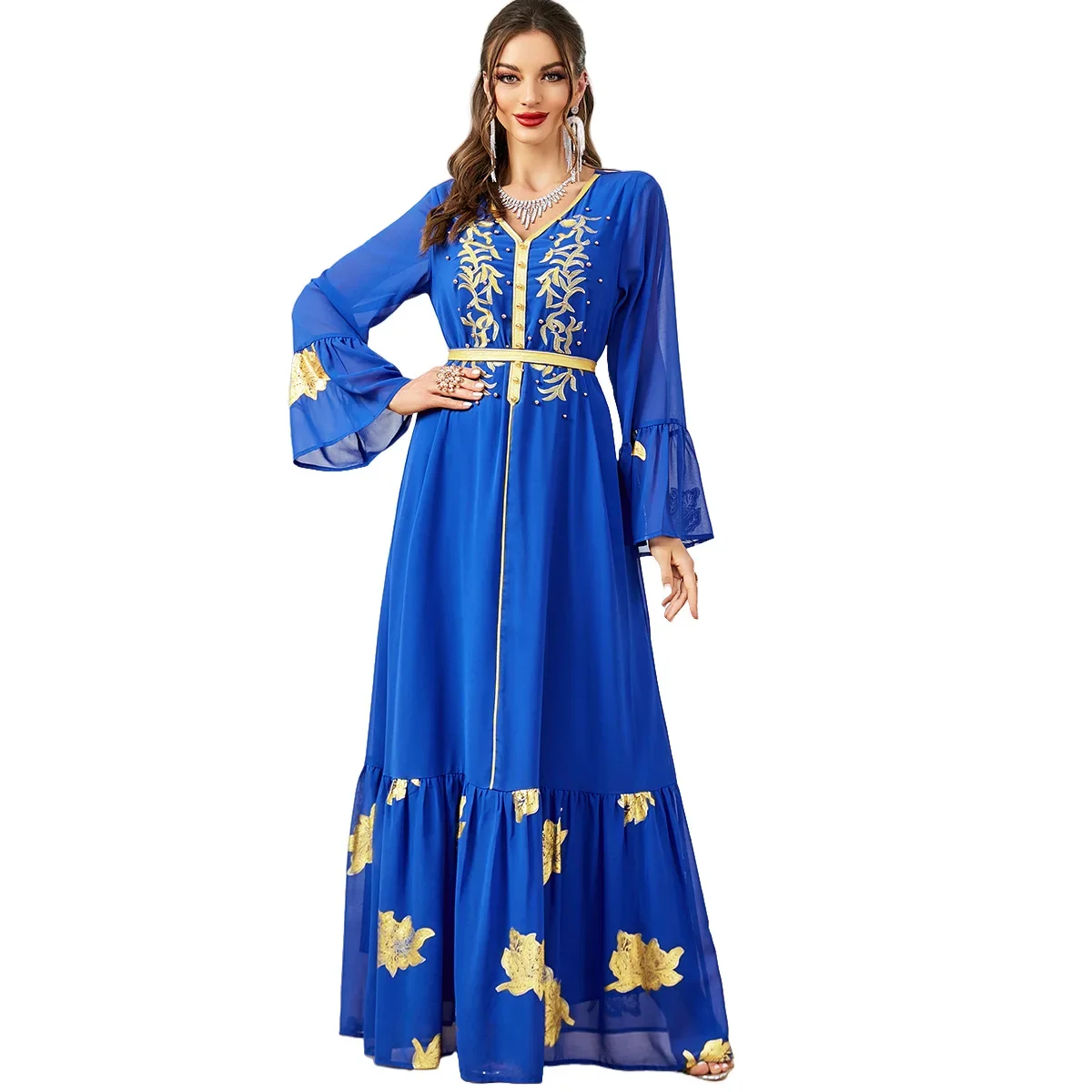 European American and Middle East Premium Muslim Women's Robe Dubai Saudi Arabian Multicolor Gold-Stamped Embroidery Abaya Dress