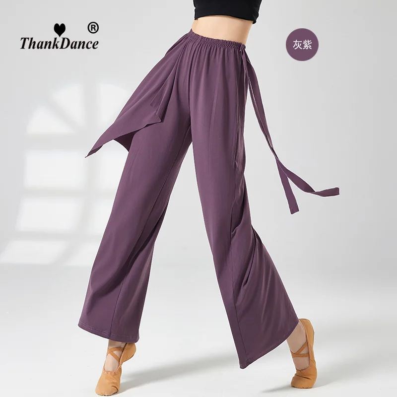 Lady's Fairy Classical Dance Pant Wide Leg Chiffon Flowy Pants With Long Belt Contrast Color Modern Dancer Practice Basic Wear