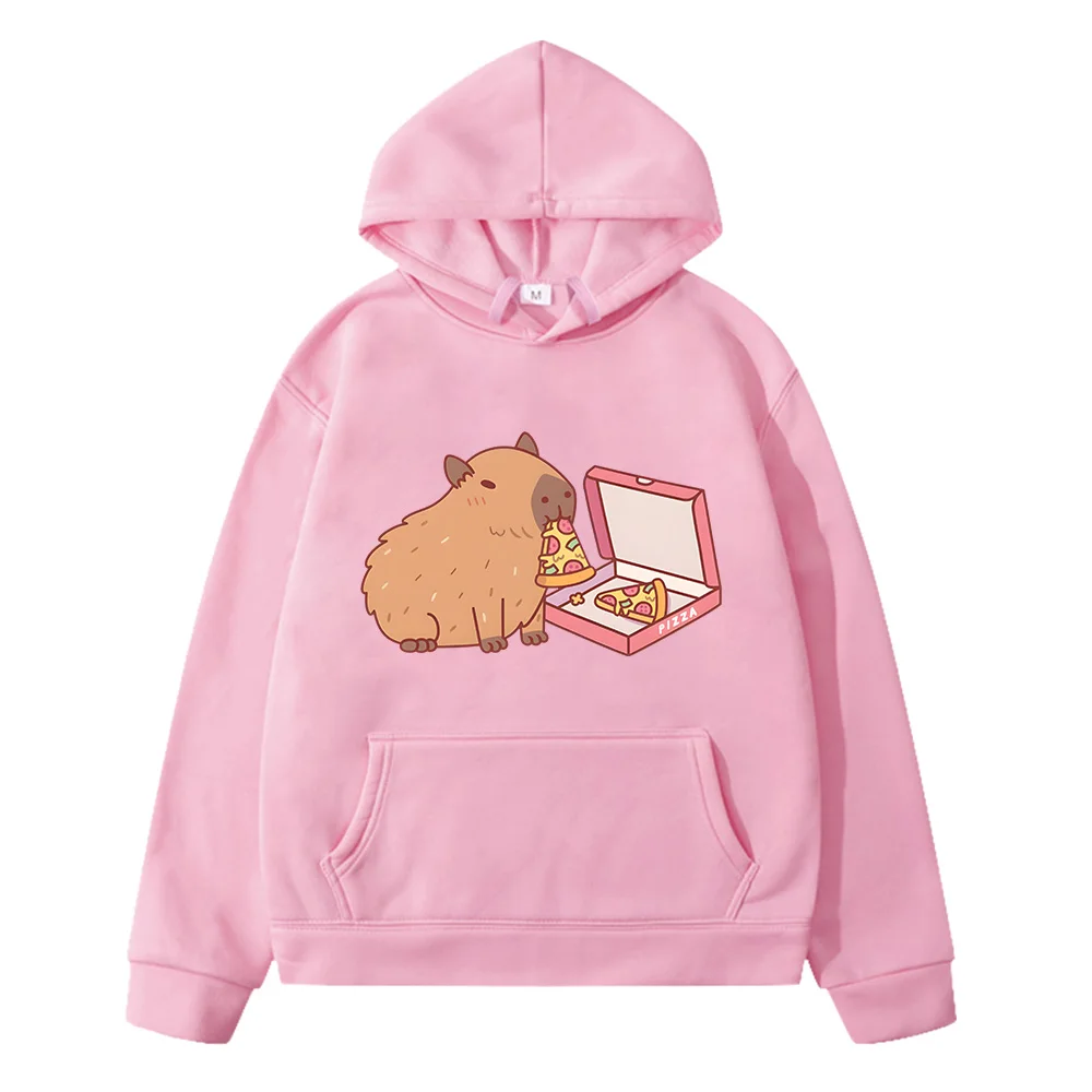 Cute Capybara Eat Pizza Cartoon Hoodies Kids Long Sleeve Autumn/Winter Warm Sweatshirts with Pocket Cartoon Boys and Girls Tops