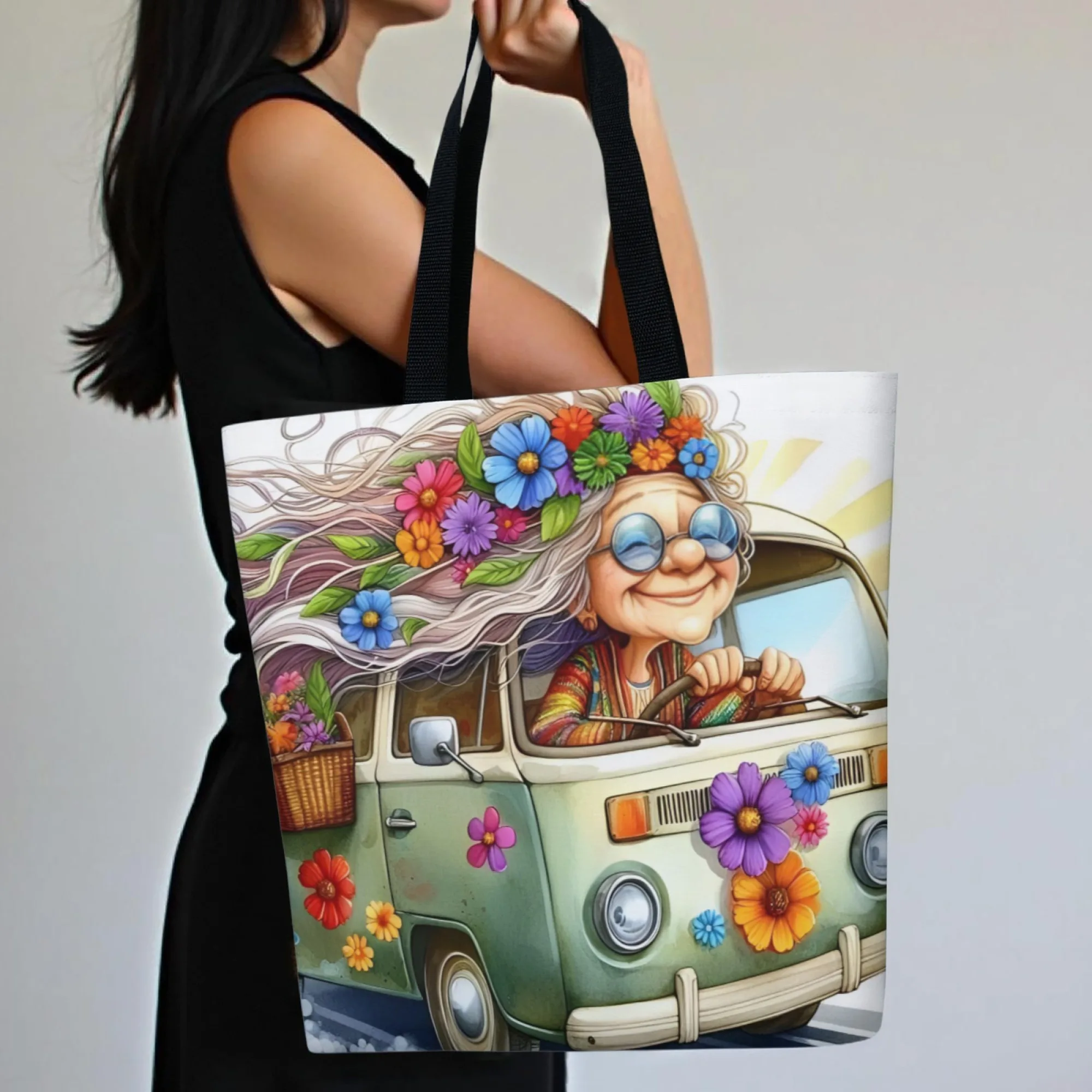 1 Pc Vintage Hippie Grandma Tote Bag Spacious & Durable Fashionable Women Foldable Ideal Gift for Family Friends Hippie Decor image 2