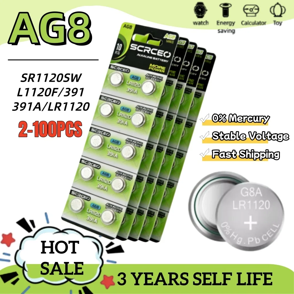 

2-100 шт. LR1120 AG8 1.5V кнопочные батарейки, также SR1120SW, литий-марганцевые, для калькуляторов, часов