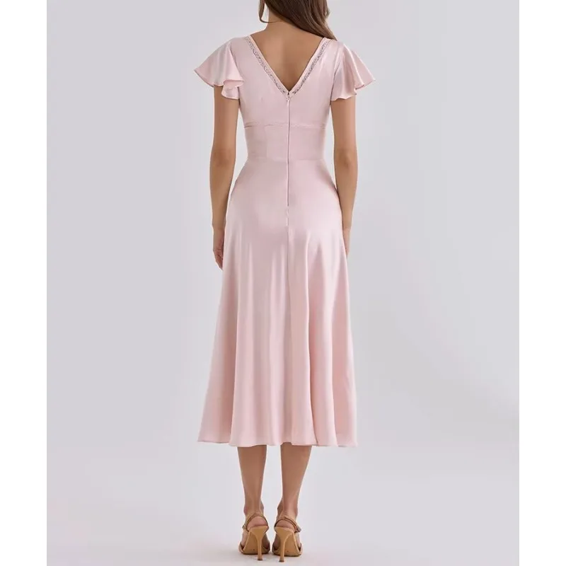 Women Satin Sexy Midi Dress Deep V Neck Lace Trim Ruffle Short Sleeve A Line Dress Wedding Guest Evening Party Dress