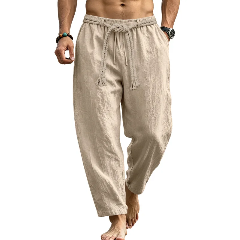 European and American summer casual men's linen Hawaiian vacation commuter breathable drawstring straight trousers