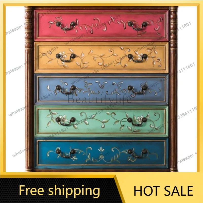 Zj. American retro painted chest of drawers solid wood living room bedroom storage cabinet
