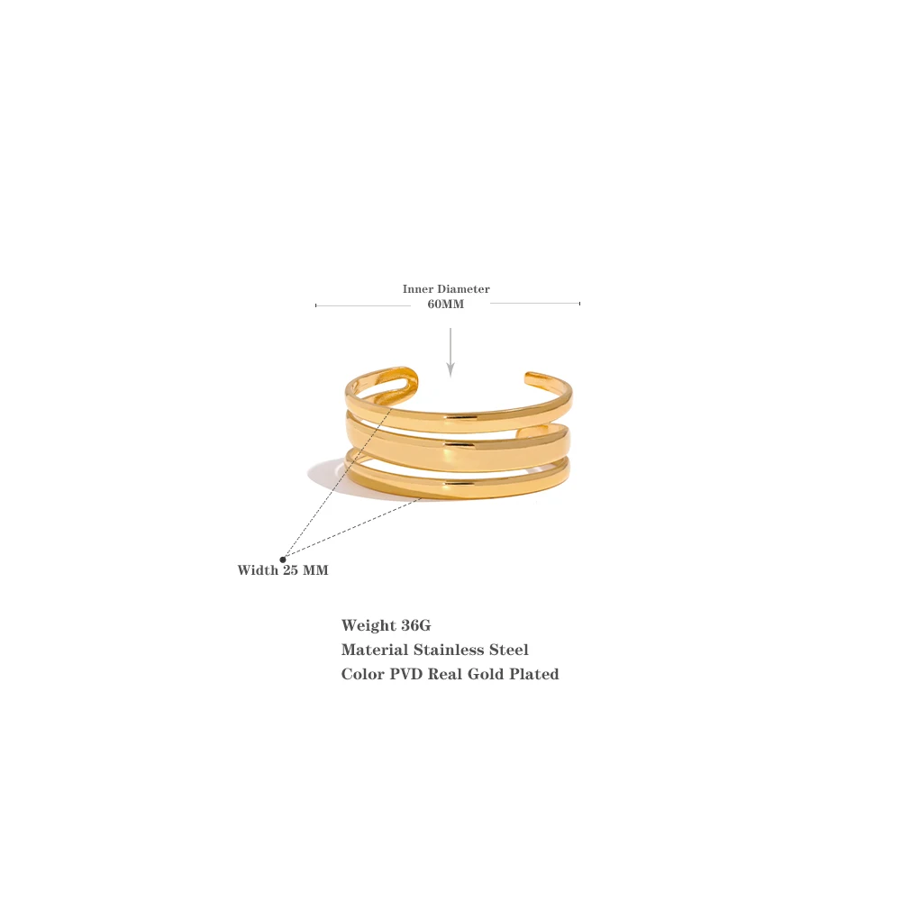 Yhpup Stainless Steel Statement Gold Color Cuff Bracelet Bangle Metal Texture Multi-Layer Temperament Fashion Waterproof Jewelry