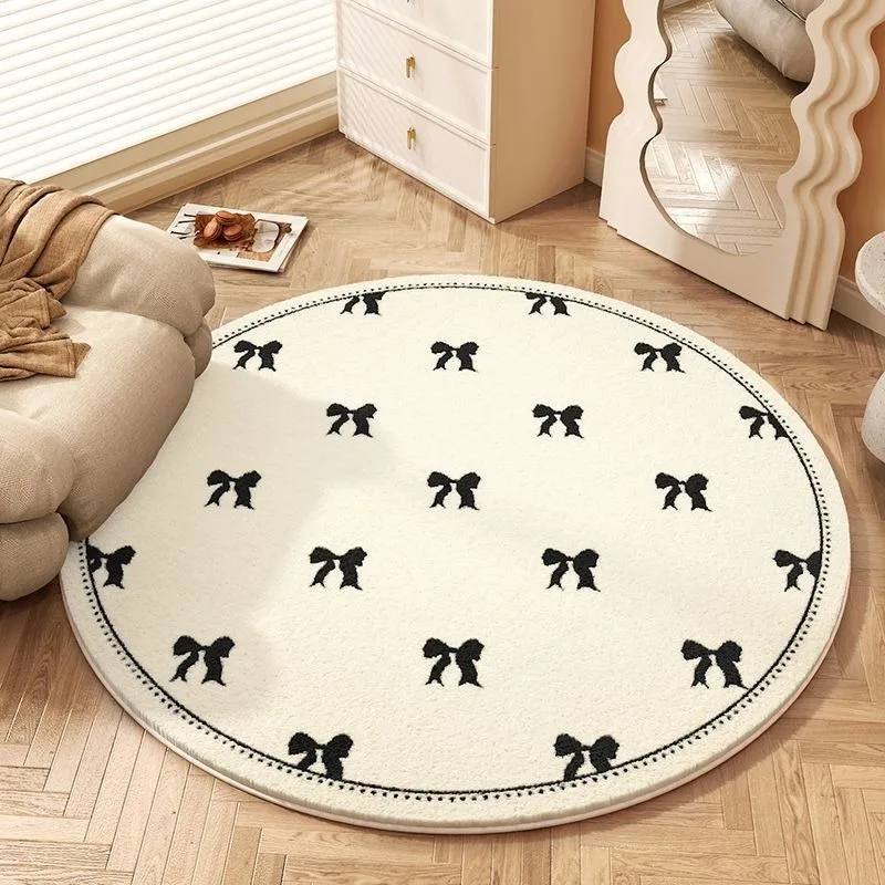 Elegant Round Carpet with Black Bow Tie Patterns and Dotted Border Area Rug for Living Room Bedroom Nordic Home Decor Mat