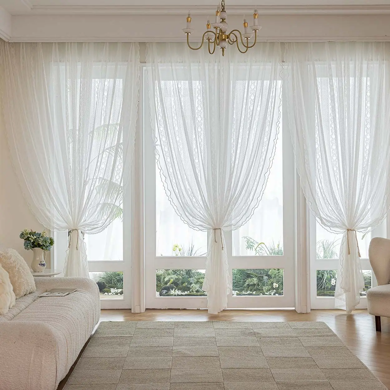 Jacquard Lace Wood Ear Lace Splicing White Screens for Living Room Bedroom French Window Balcony Window Customized Finished