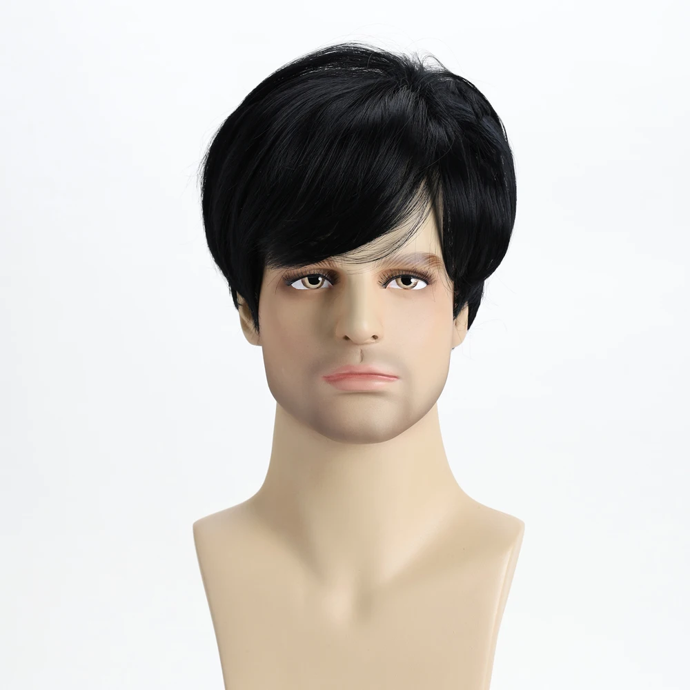 

10 Inch Black Synthetic Short Wig Natural Curly Hair For Male Young Men Heat Resistant Fiber Wigs