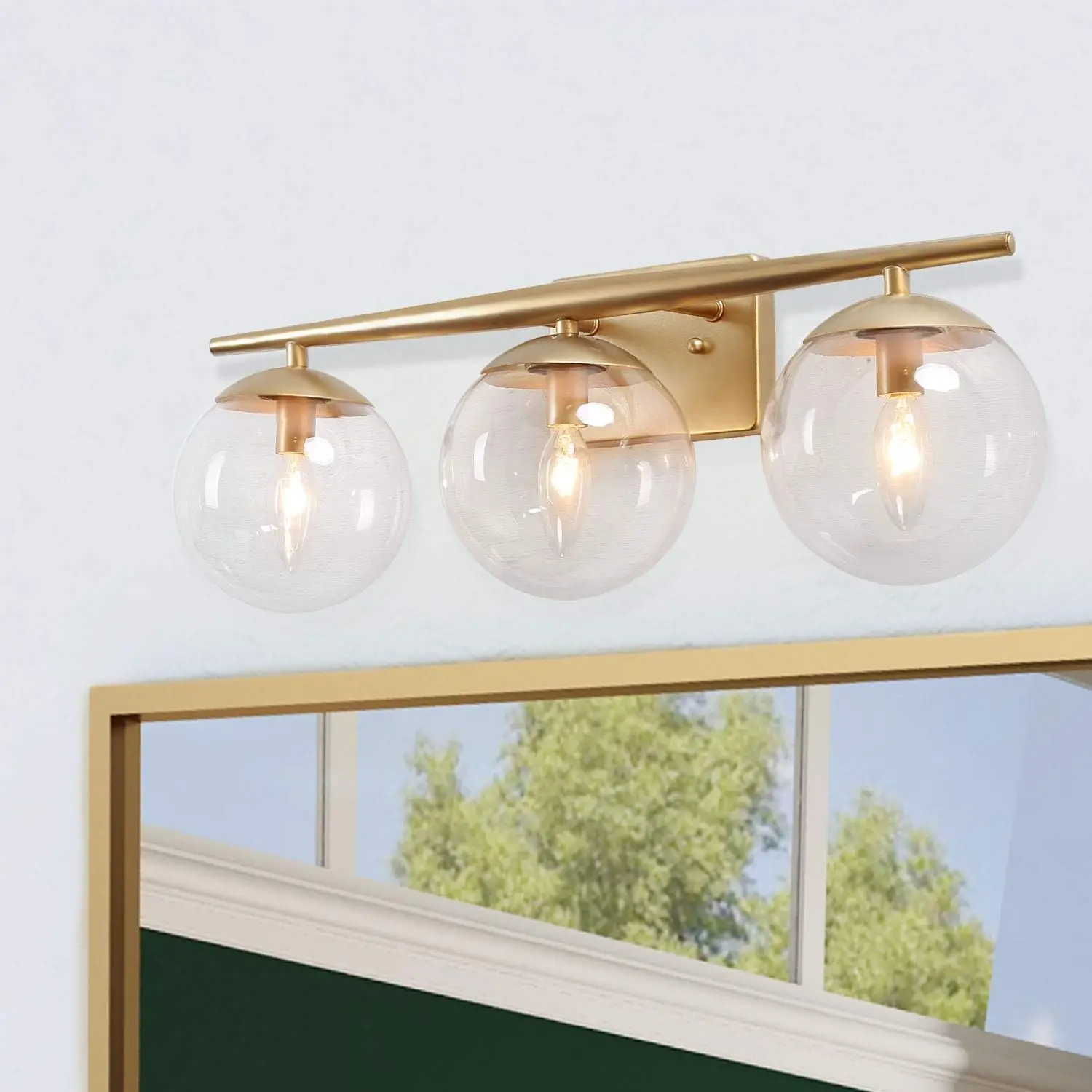 

Gold Bathroom Light Fixtures, Modern Bathroom Lights Over Mirror, 3 Light Bathroom Vanity Light fixtures with Clear Globe