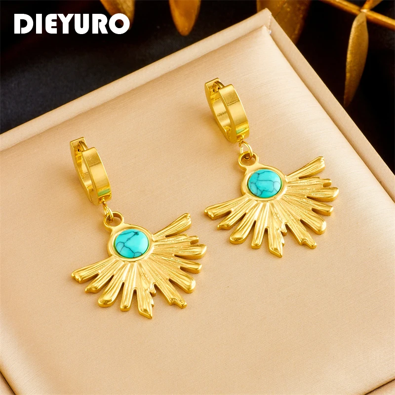 

DIEYURO 316L Stainless Steel Bohemian Palm Leaf Blue Stone Earrings For Women Fashion New Ear Buckle Jewelry Girl Gift Серьги