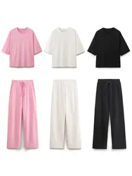 HH 2024 Summer Female Solid Cozy Pants Suit Short Sleeves O Neck T-Shirt+Drawstring Jogging Straight Pants Causal Street Set