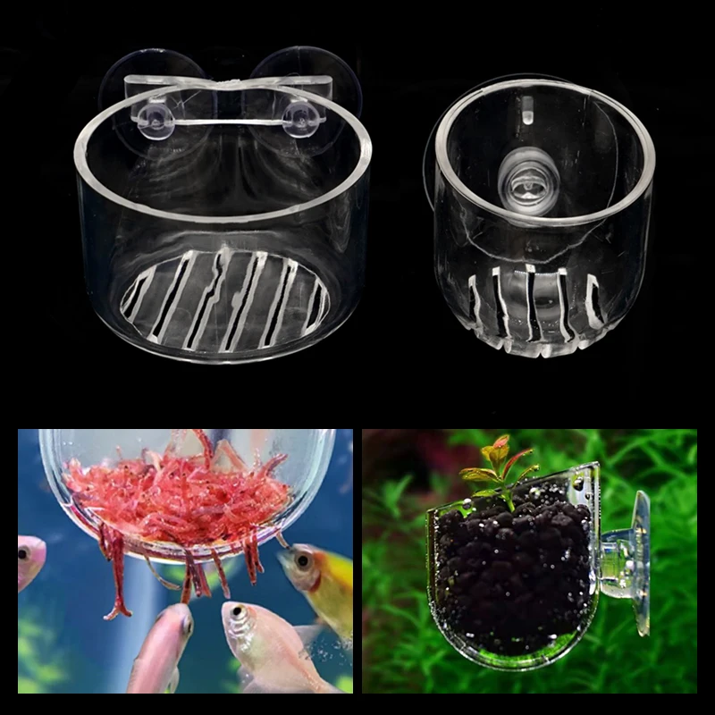 Aquarium Decoration Plant Cup Pot Acrylic Waterweed Cup with Suction Holder Gardening Vase Red Worm Feeder For Fish Tank 1Pcs