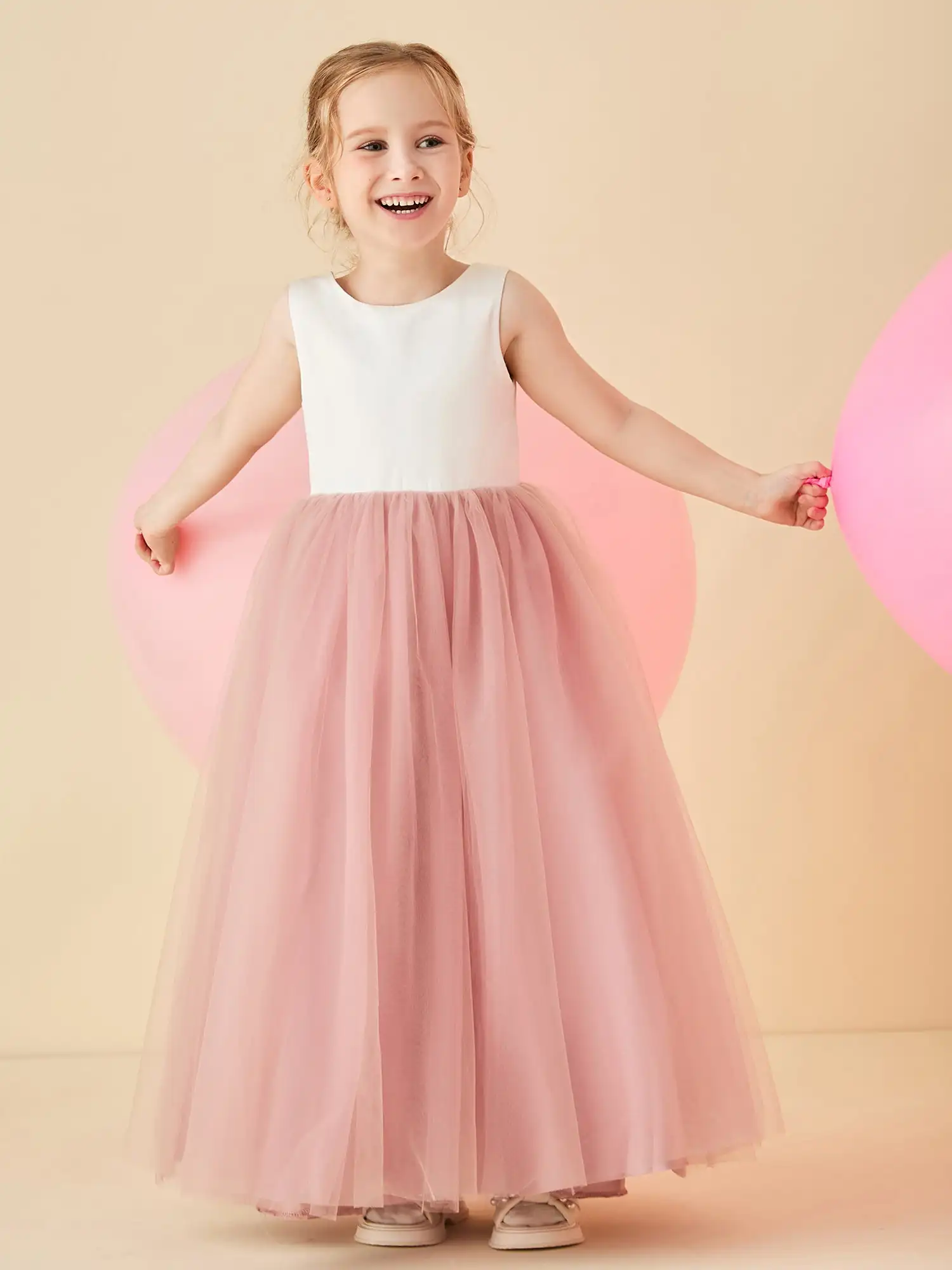 Sexy Satin Tulle V-Back Floor-Length Flower Girl Dress A-Line Scoop Neckline Wedding Children Birthday Knee Length Party Gowns