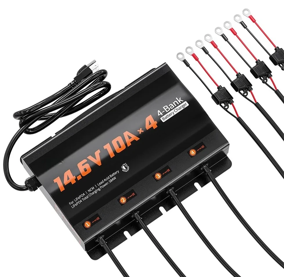 IP65-Rated 168Wx4 4-Bank Lithium Battery Charger With LED Indicator LiFePO4 L11.93*W9.08*H2.64 Inch