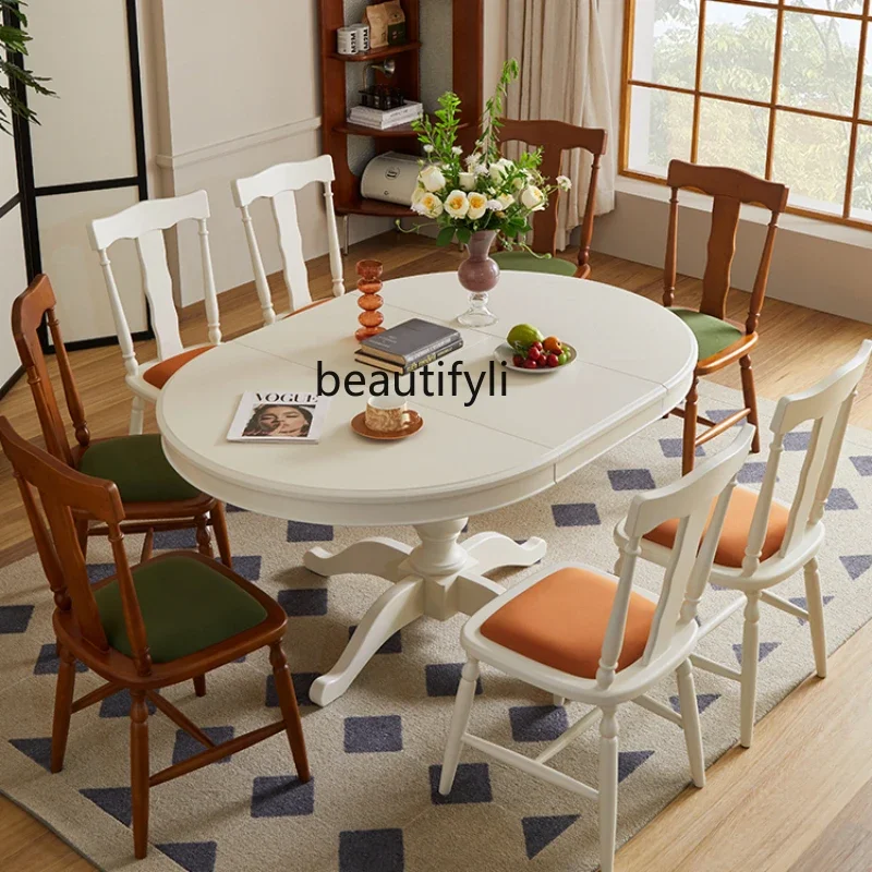 

C French Style Retro Domestic Small Apartment Dining Table Retractable American round Solid Wood Multifunctional Table
