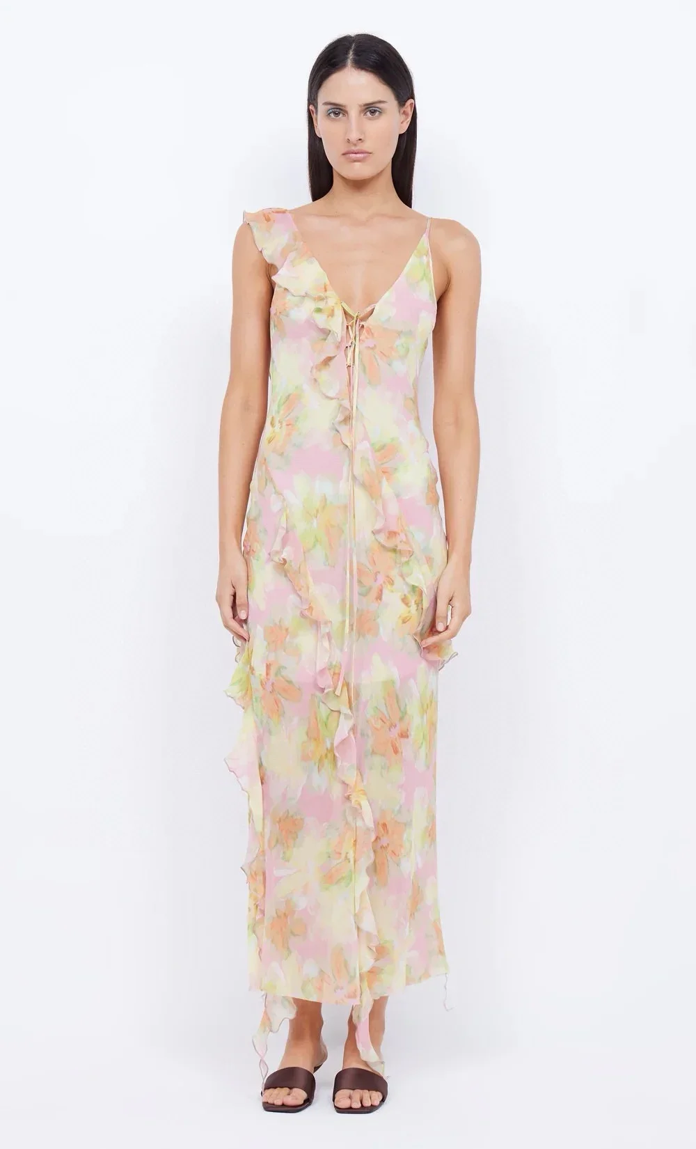 

Women's Robes 2024 New Spring Summer Silk Chiffon Lace-up Flower Print Ruffles V-Neck Slim Sexy Sleeveless Long Dress