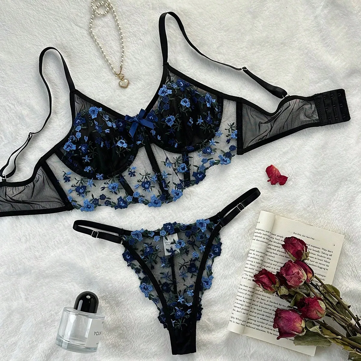 Floral Embroidery Lingerie Set Women Boho Sensual Erotic Sexy 2-Piece Bra + Panty Underwear Set 2024 Lace Sexy Erotic Costumes