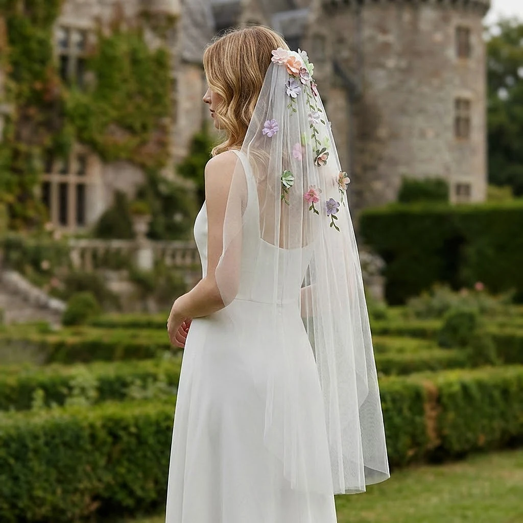 

Красочная цветочная фата для невесты, свадебный аксессуар для женщин, модный аксессуар для невесты с расческой, фата до кончиков пальцев VP262