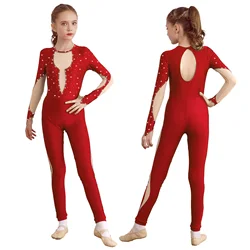 Children Girls Ballet Dance Leotard Figure Ice Skating Gymnastics Acrobatics Yoga Jumpsuit Long Sleeve Shiny Sheer Mesh Bodysuit