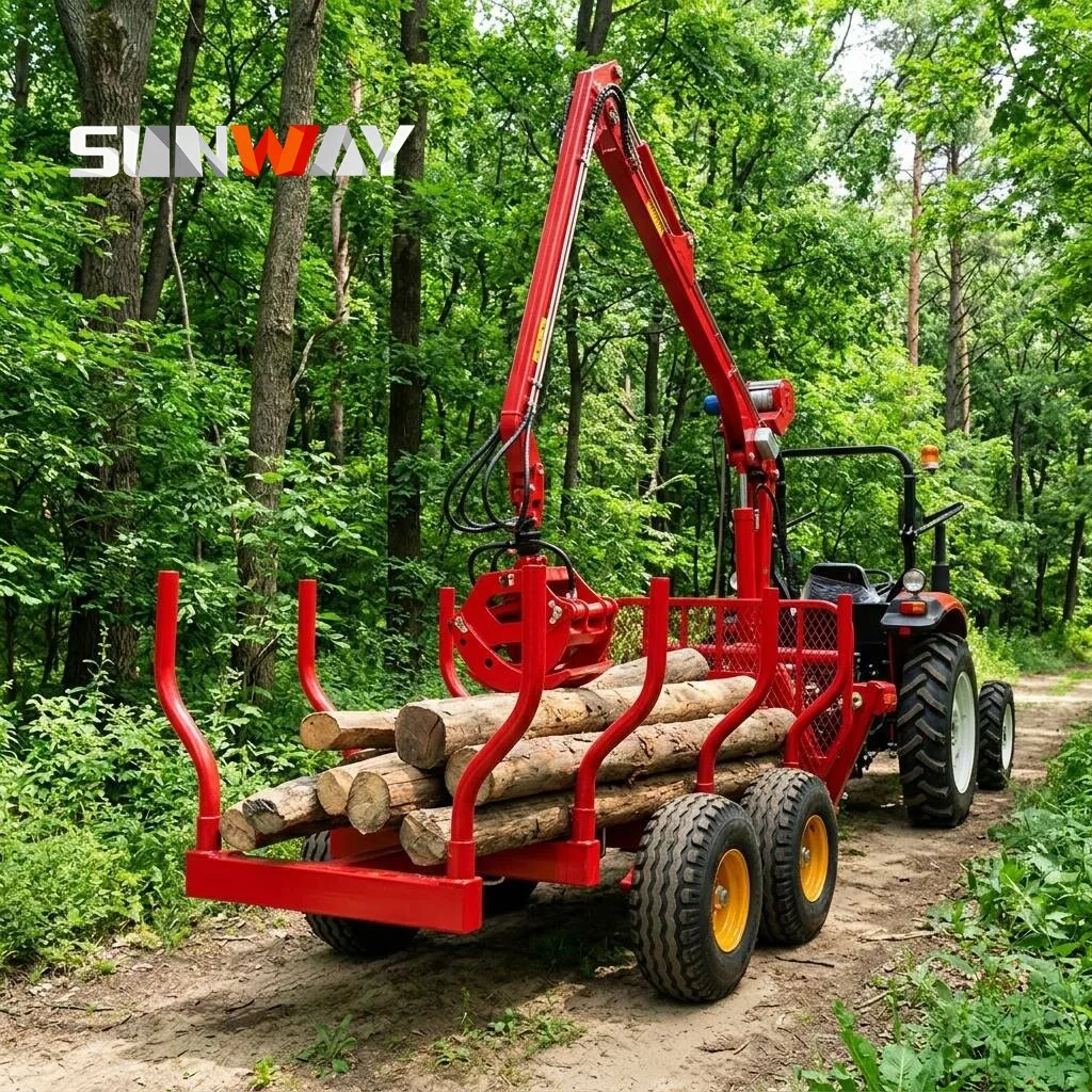 

Прицеп для квадроцикла грузоподъемностью 2000 кг с гидравлическим краном 4,2 м и грейфером для бревен, телескопической стрелой, системой 4WD, лесозаготовительное оборудование