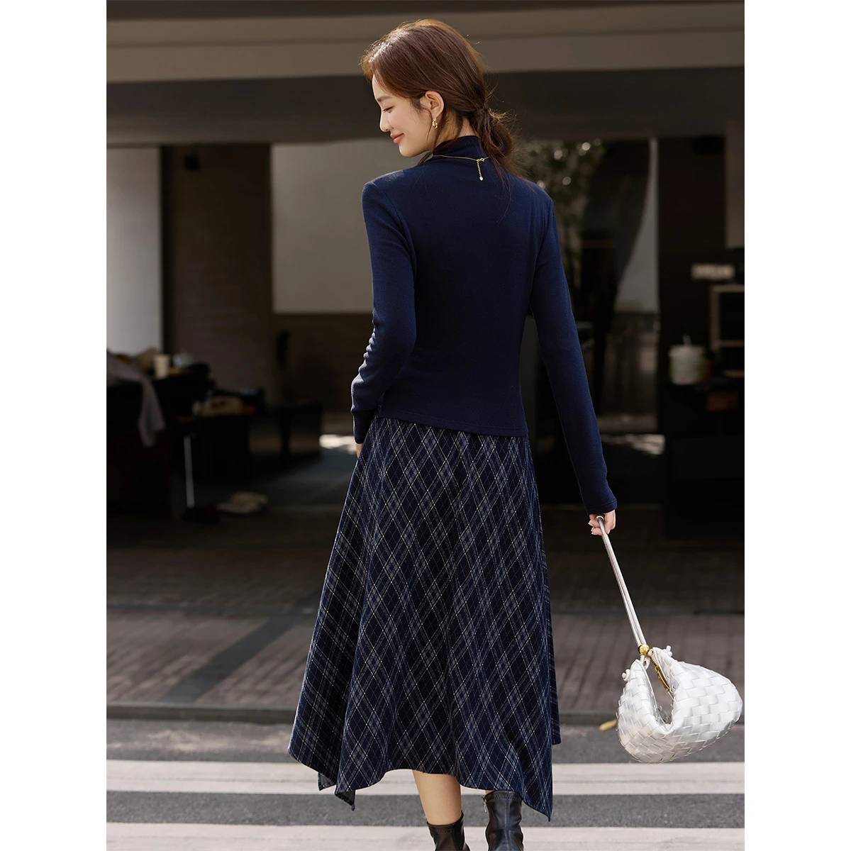 VIMLY deux pièces jupe ensemble femmes décontracté hiver 2025 col montant tricoté plis hauts asymétrique jupe à carreaux dame jupe costumes A3337