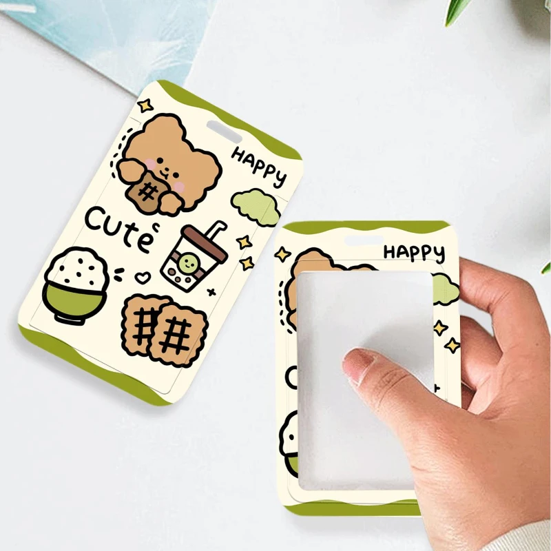 Cute Happy Bear Credential Badge Holder Colorful Card Storage Photo Bag Student ID Card Holder Bus Card Protective Case Keychain